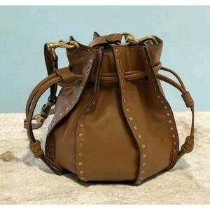 Rebecca Minkoff Leather Purse Bucket Bag Studded Nanine Brown Crossbody Small